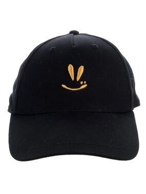 AllSaints Emotive Black Baseball Cap with Yellow Embroidered smiley face